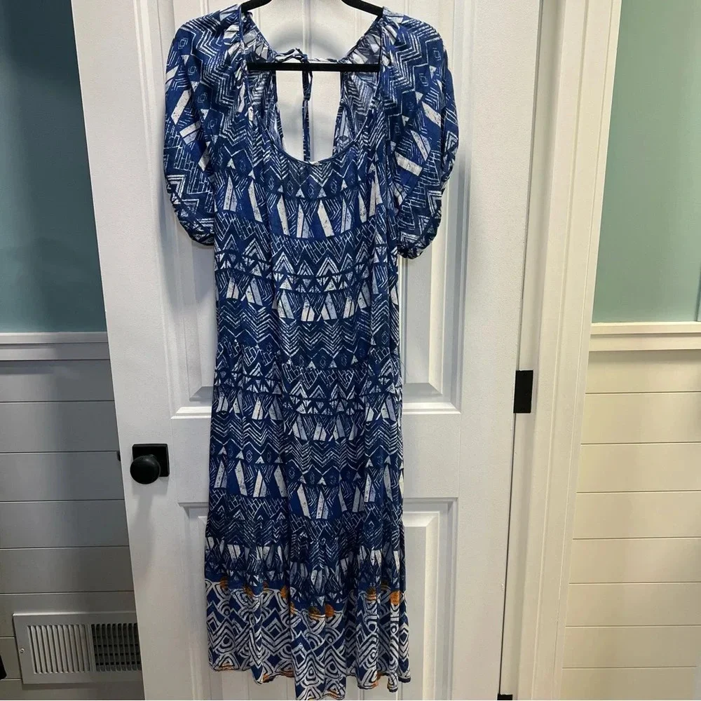 Knox Rose A-Line Blue Geometric Short-Sleeve Midi‎ Dress. Size Large. - Picture 3 of 13